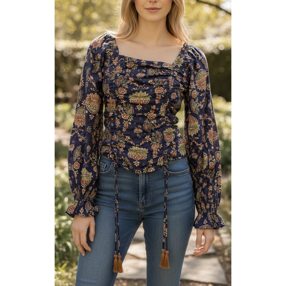 Calligraphie Boho Floral Ruched‎ Crop Top S Cottagecore Coquette Peasant Blouse